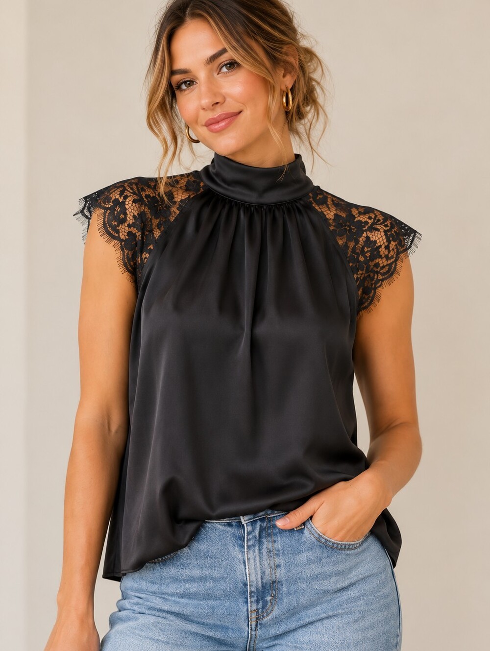 NWT Boutique XS Black Satin Lace High Neck Bow Back Blouse Romantic Goth Fall